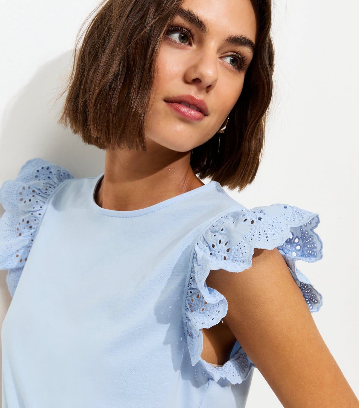 New Look Women's Light Blue Broderie Frill Sleeve Top New Look