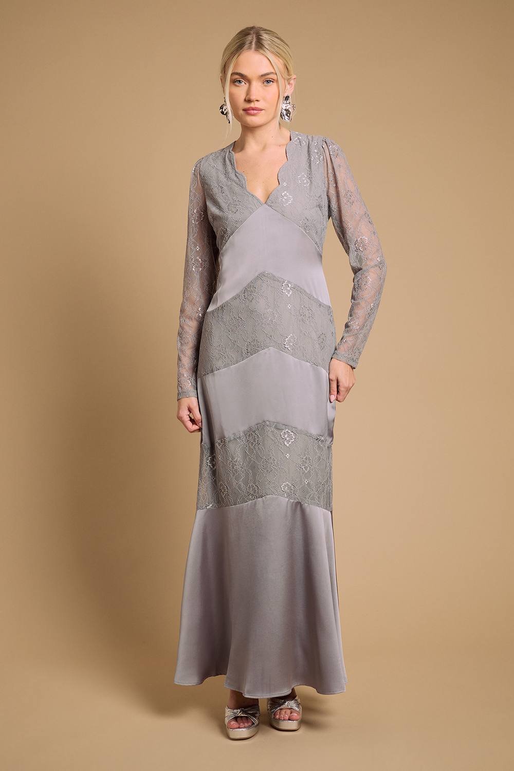 Oasis Oasis Women's Satin Lace Mix V Neck Maxi Dress in Pewter - 2