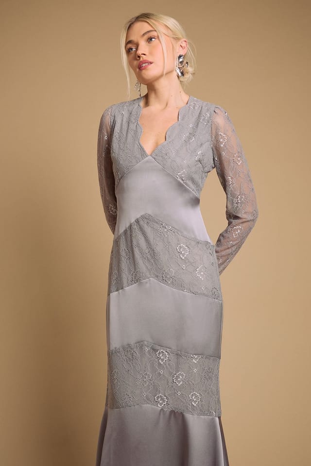 Oasis Oasis Women's Satin Lace Mix V Neck Maxi Dress in Pewter - 2