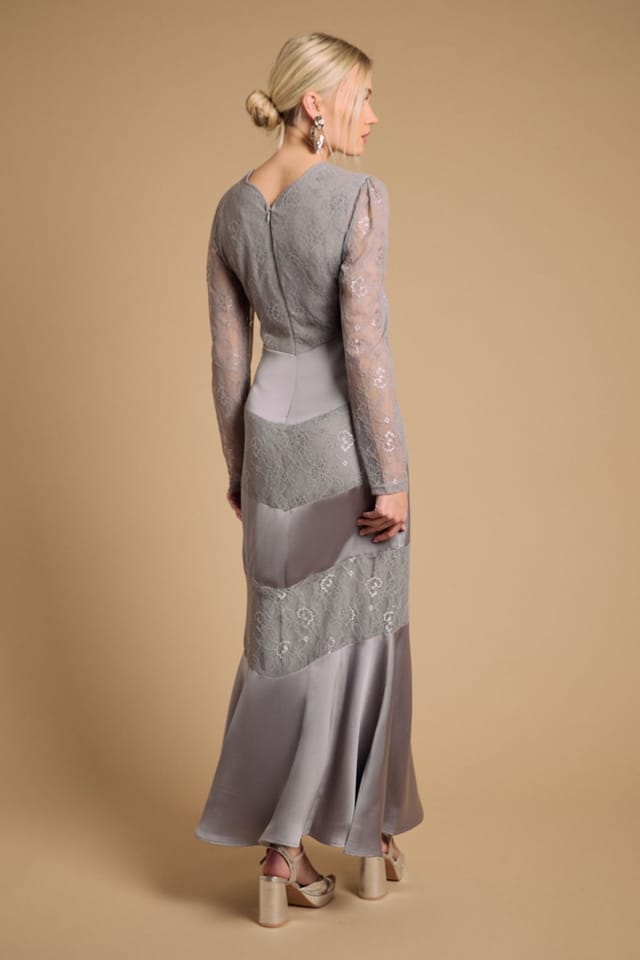 Oasis Oasis Women's Satin Lace Mix V Neck Maxi Dress in Pewter - 3