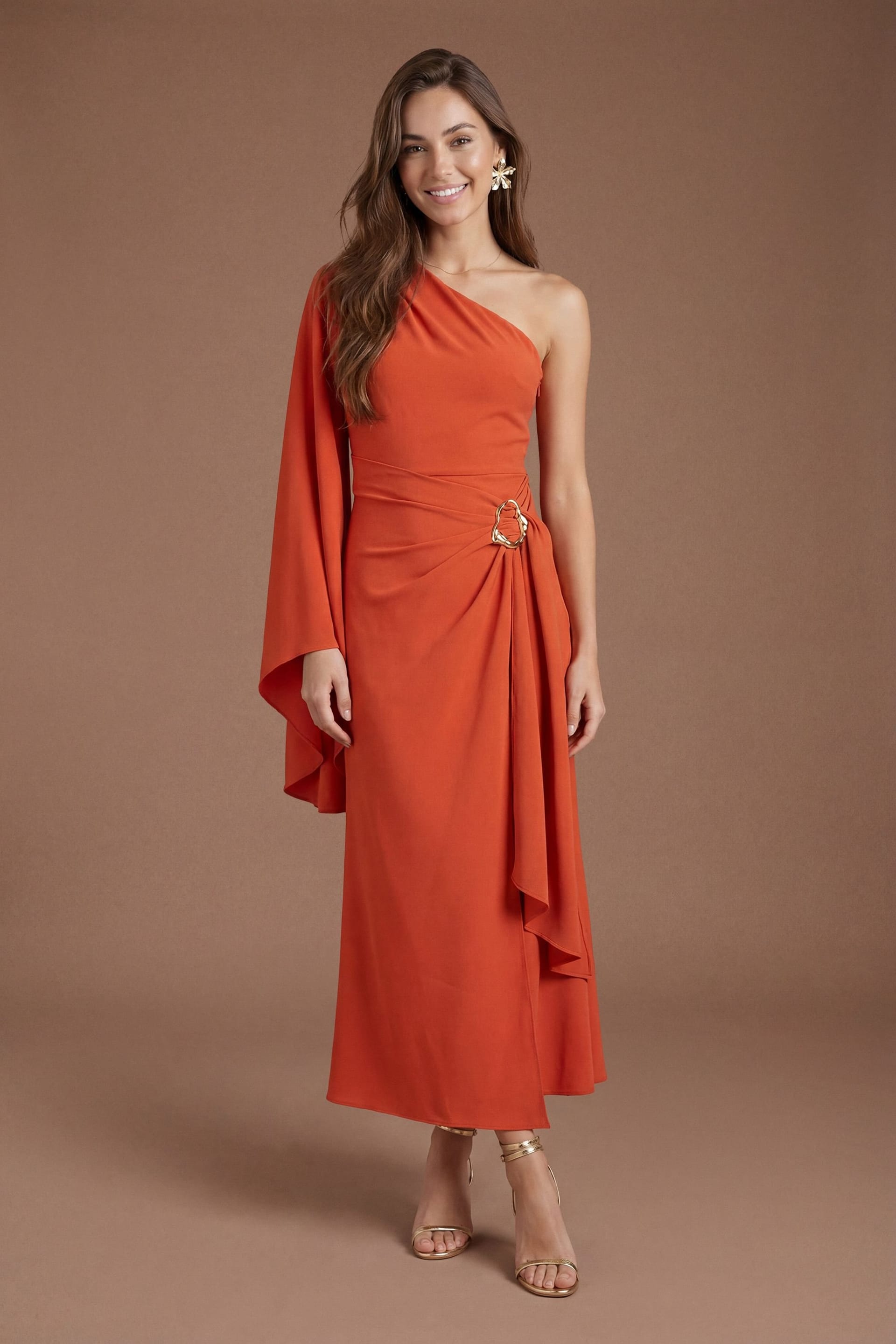 Coast Coast Women's Metal Detail One Shoulder Midi Dress in Rust - 4