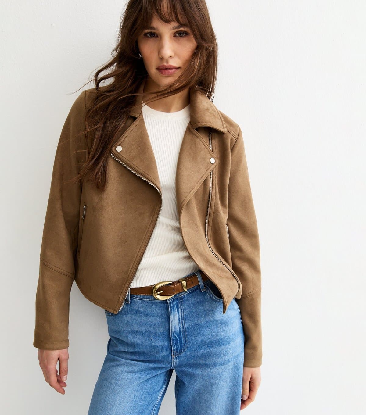 New Look Women's Tall Tan Faux Suede Biker Jacket New Look