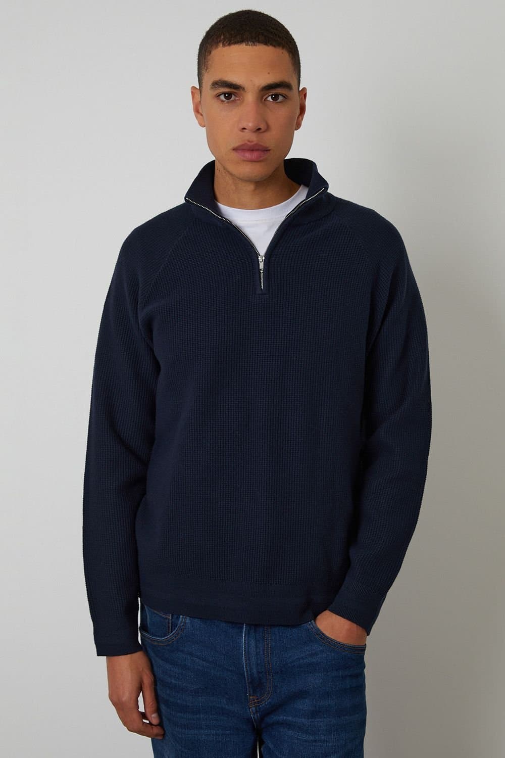 Threadbare Threadbare Men's Waffle Knit Raglan Quarter Zip Jumper in Navy