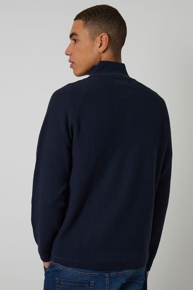Threadbare Threadbare Men's Waffle Knit Raglan Quarter Zip Jumper in Navy - 2