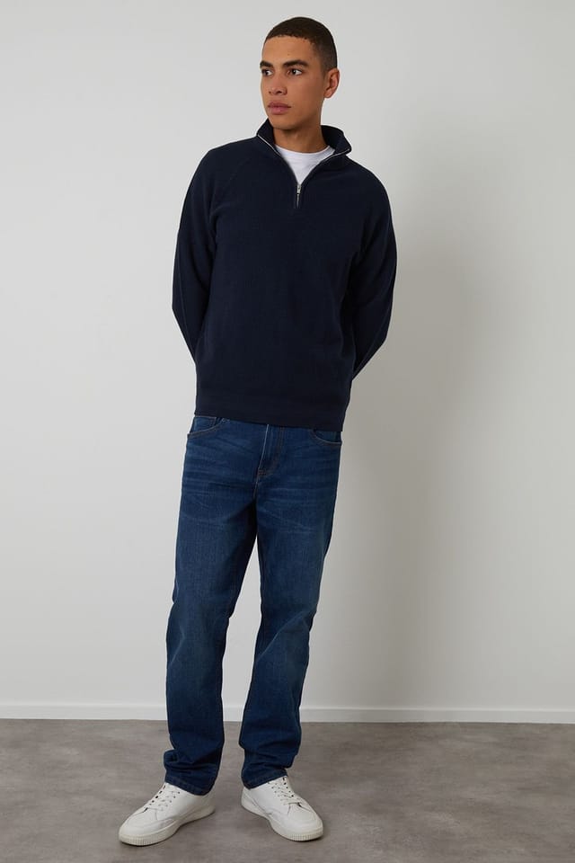 Threadbare Threadbare Men's Waffle Knit Raglan Quarter Zip Jumper in Navy - 3
