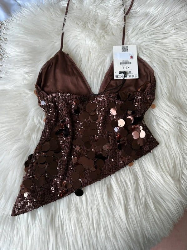 Bershka Brown Sequin Cami Top XS