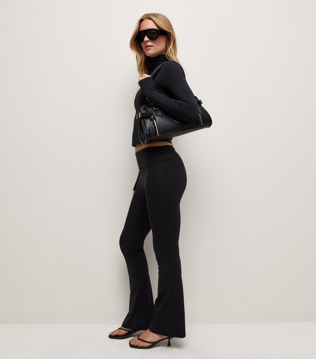 New Look Women's Premium Black Athletic Foldover Waistband Flared Leggings New Look
