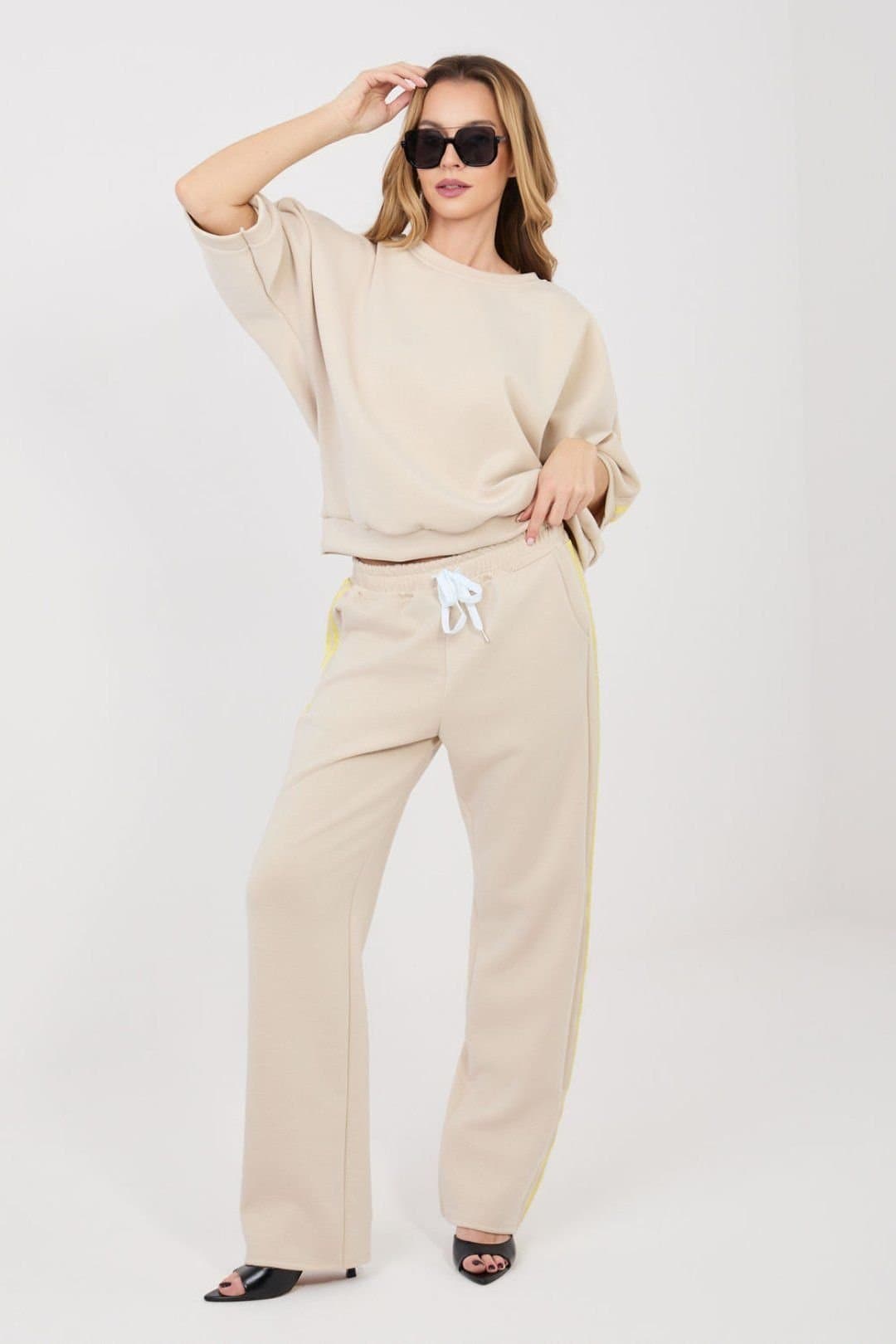 Love Lace Love Lace Women's Butter Soft Striped Tracksuit Set Blouse Pants in Beige