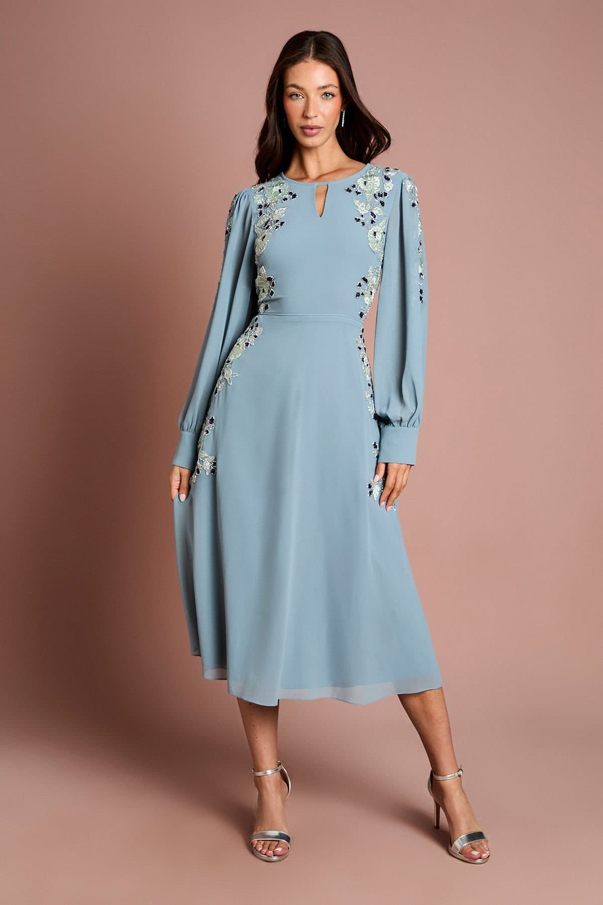 Coast Coast Women's Embroidered & Embellished Long Sleeve Midi Dress in Dusty Blue