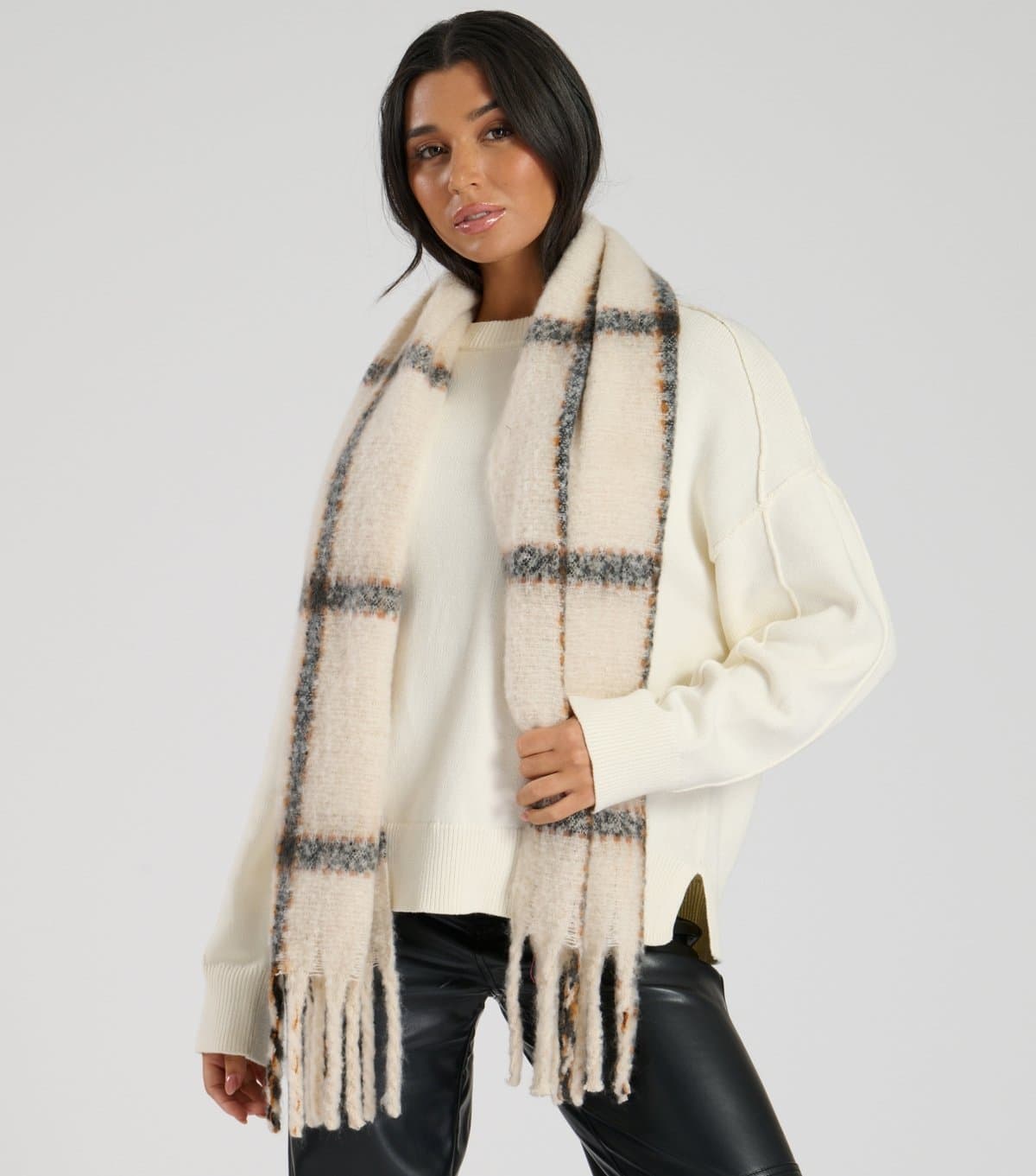 South Beach South Beach Cream Checked Fluffy Scarf
