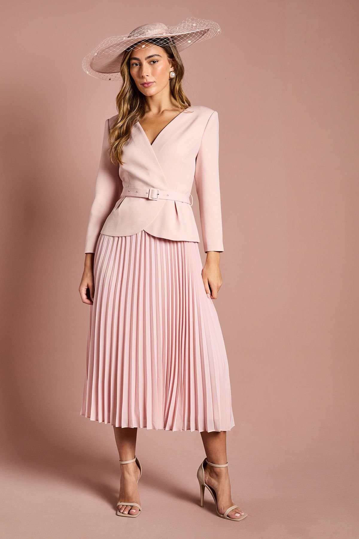 Coast Coast Women's Crepe Bodice Long Sleeve Pleated Midi Dress in Rose
