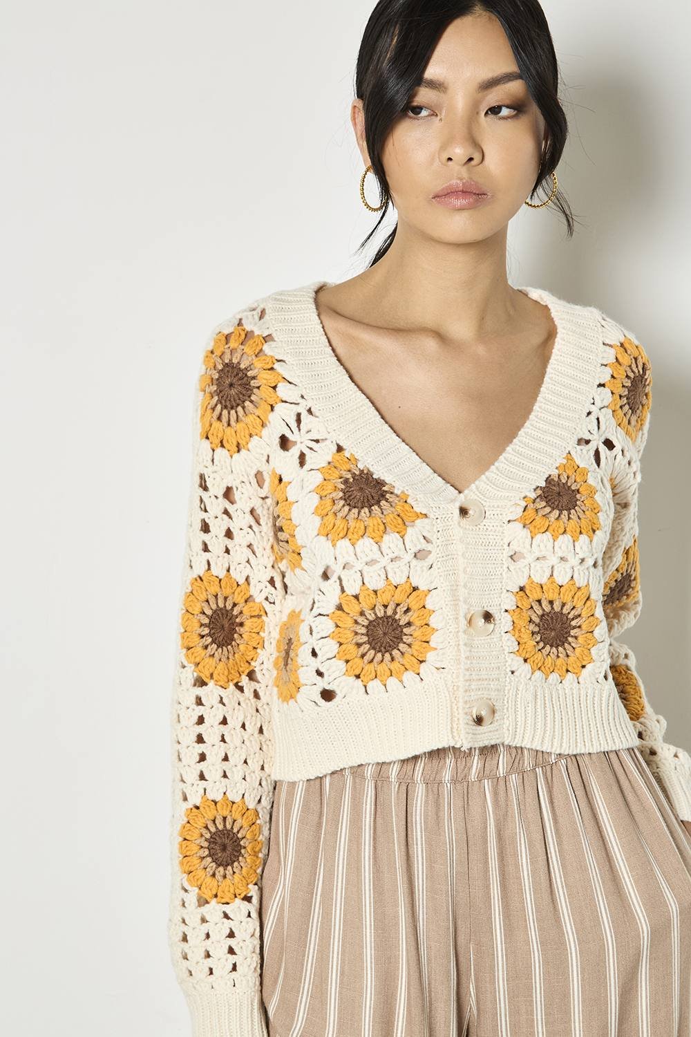 Apricot Apricot Women's Sunflower Hand-Knit Crochet Cardigan in Stone - 2