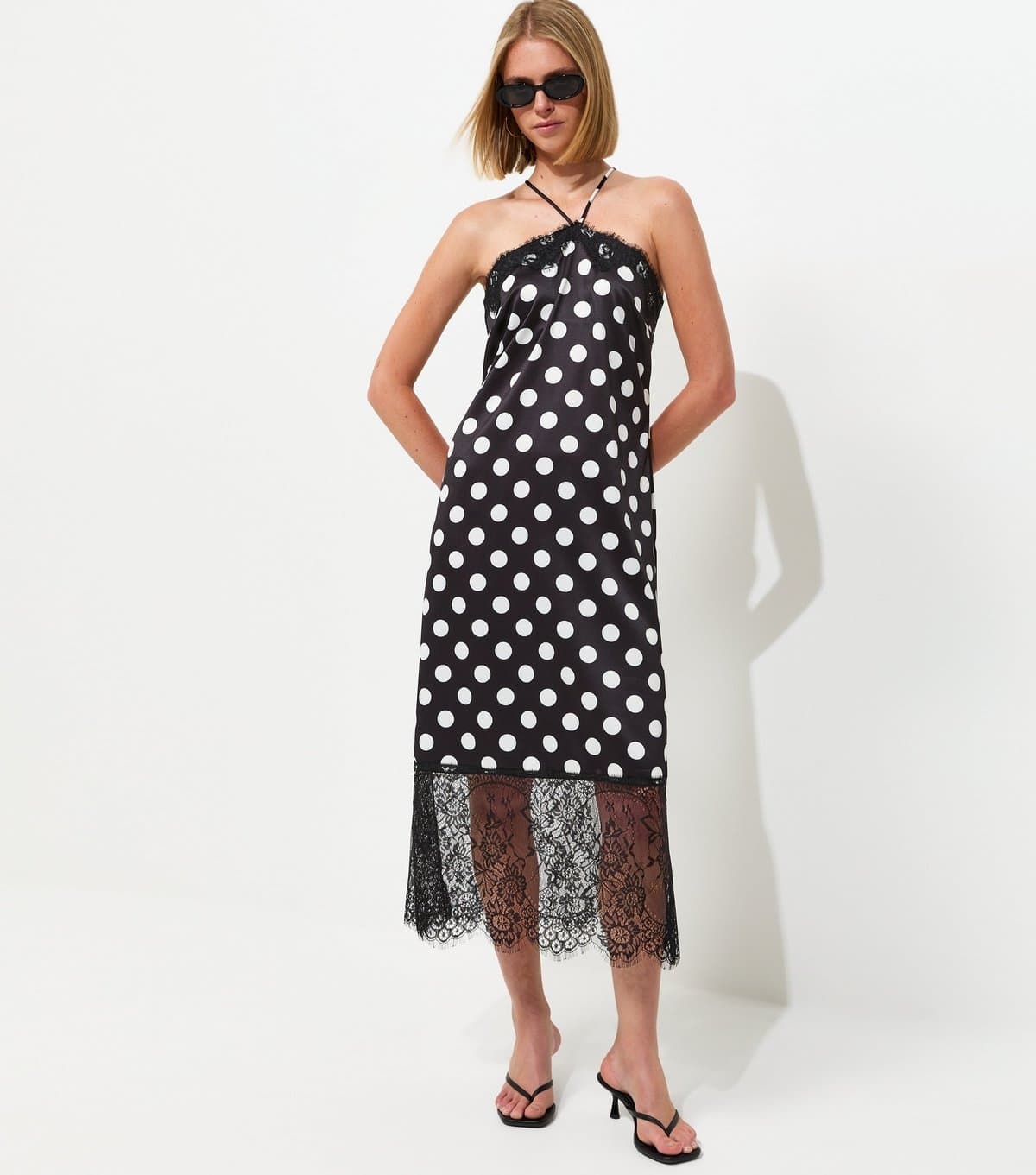 New Look Women's Black Satin Lace Polka Dot Halterneck Midaxi Dress New Look