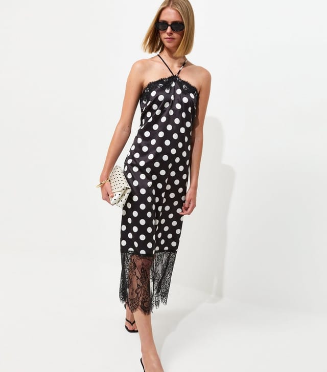 New Look Women's Black Satin Lace Polka Dot Halterneck Midaxi Dress New Look - 3