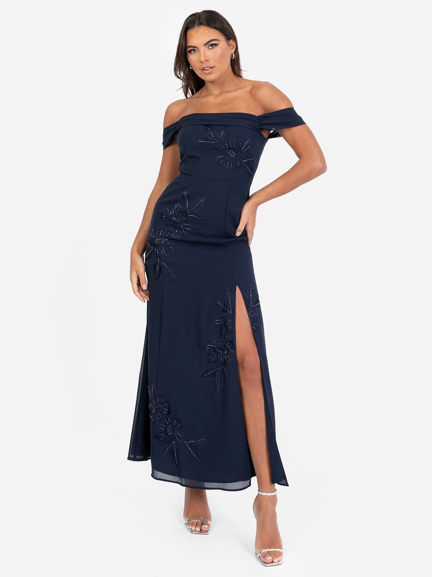 Maya Deluxe Maya Deluxe Women's Embroidered Bardot Maxi Dress in Dark Navy