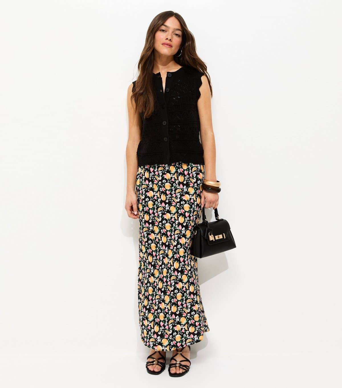 New Look Women's Petite Black Fruit Print Bias Cut Midi Skirt New Look