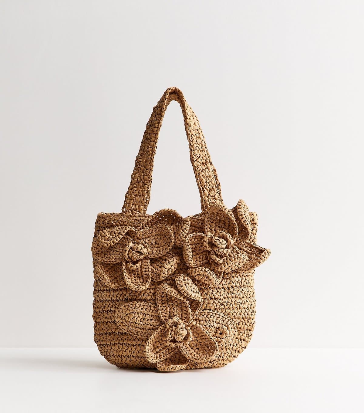 New Look Stone Woven Flower Bucket Bag New Look