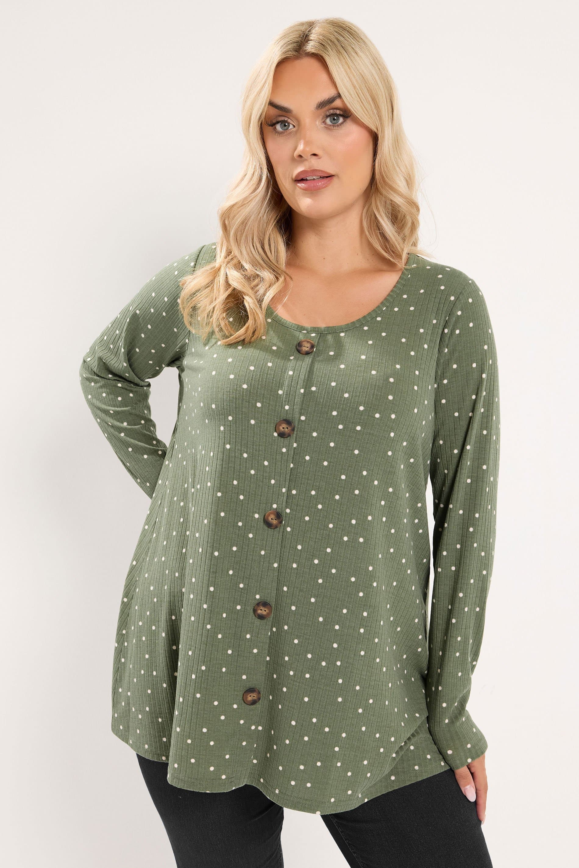 Yours Plus Size Green Polka Dot Ribbed Button Top
