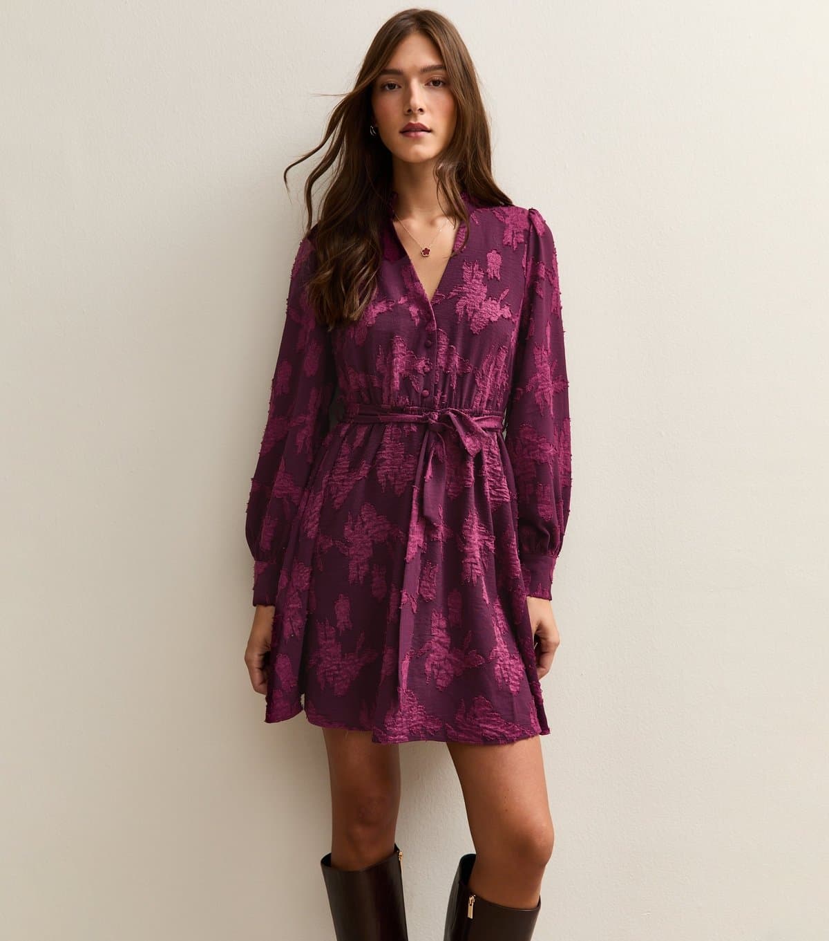 New Look Women's Dark Burgundy Floral Devore Mini Dress New Look