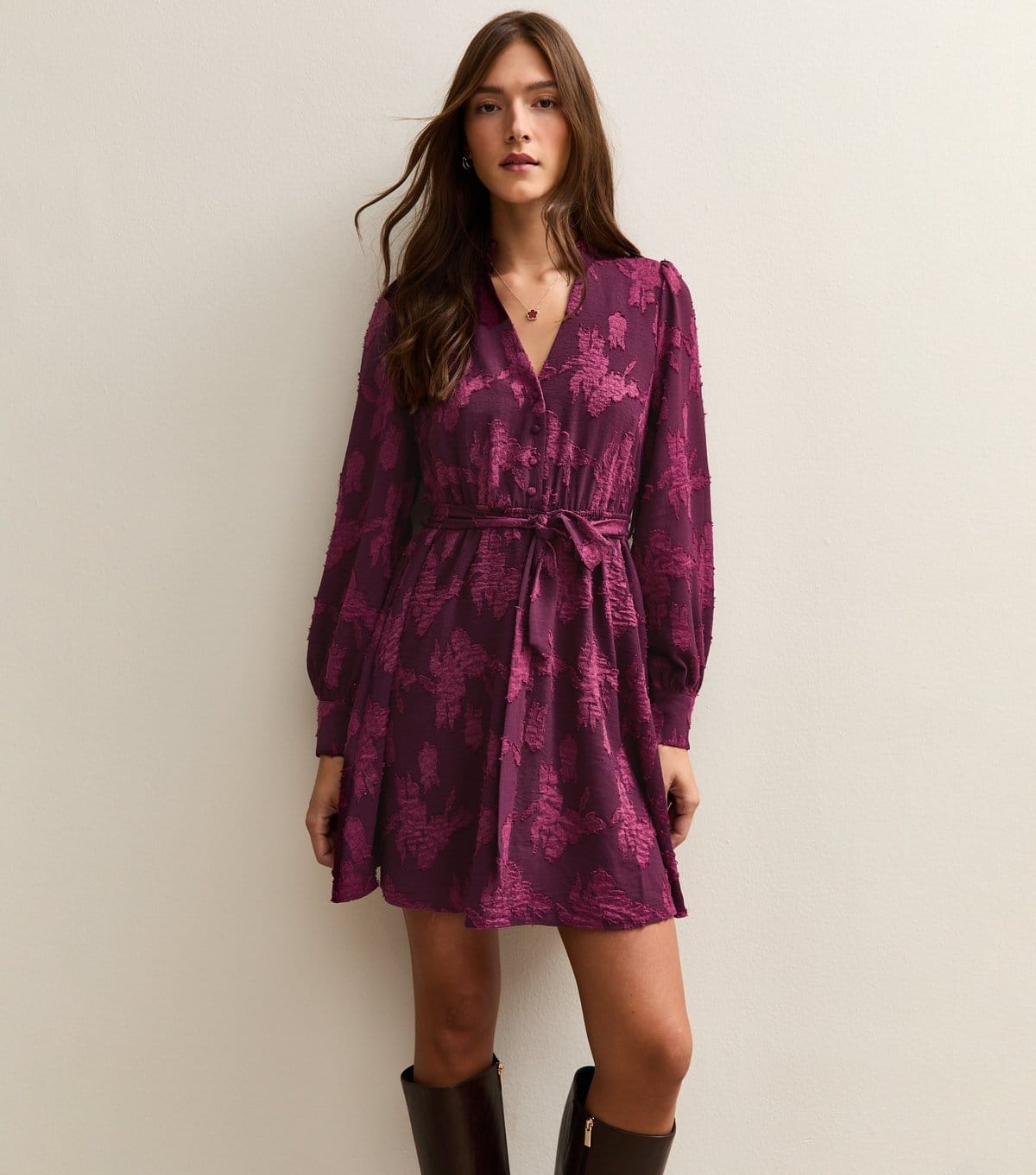 New Look Dark Burgundy Floral Devore Mini Dress