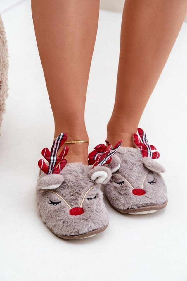 Love Lace Love Lace Women's Holiday Reindeer Fur Motif Cozy Winter Indoor Foot Slippers in Beige - 3