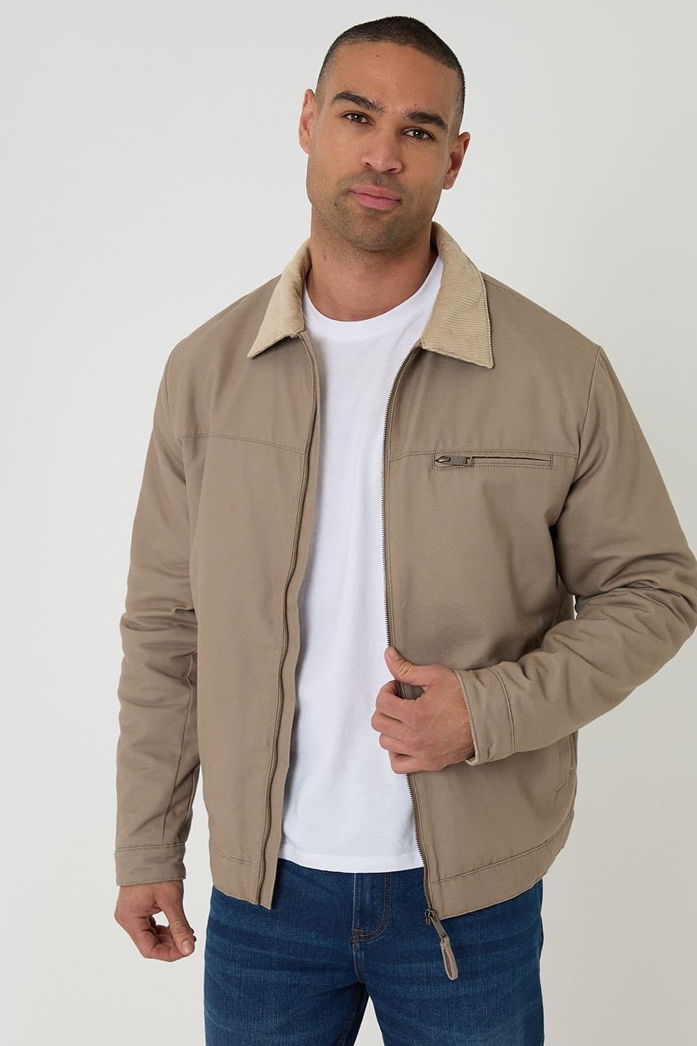 Threadbare Threadbare Beige Cotton Canvas Jacket With Corduroy Collar