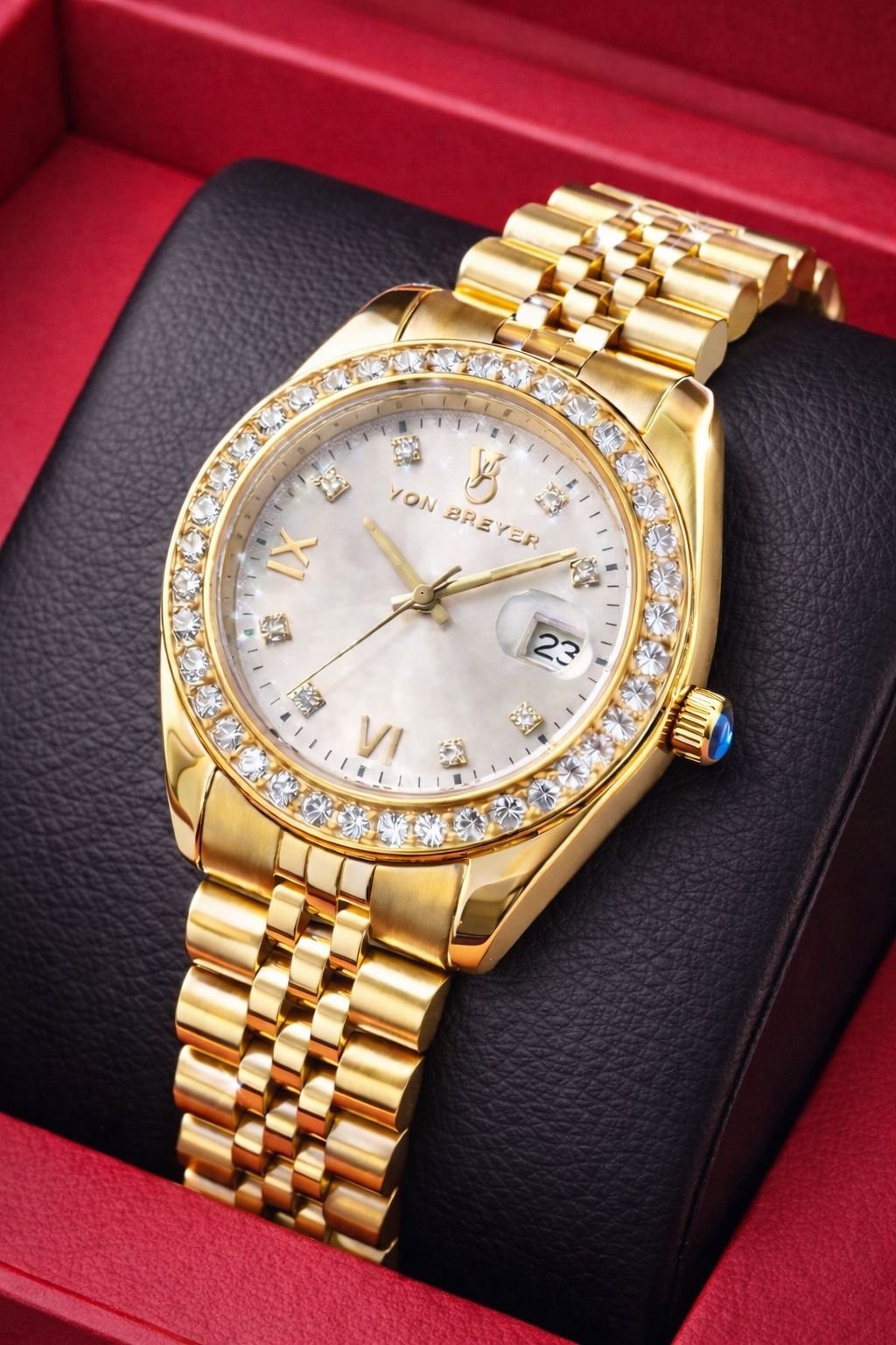 VON BREYER VON BREYER Women's Eterna Roma Luxury Quartz Watch with a White Dial, a Crystal Studded Bezel & a Gold Plated Bracelet - 2