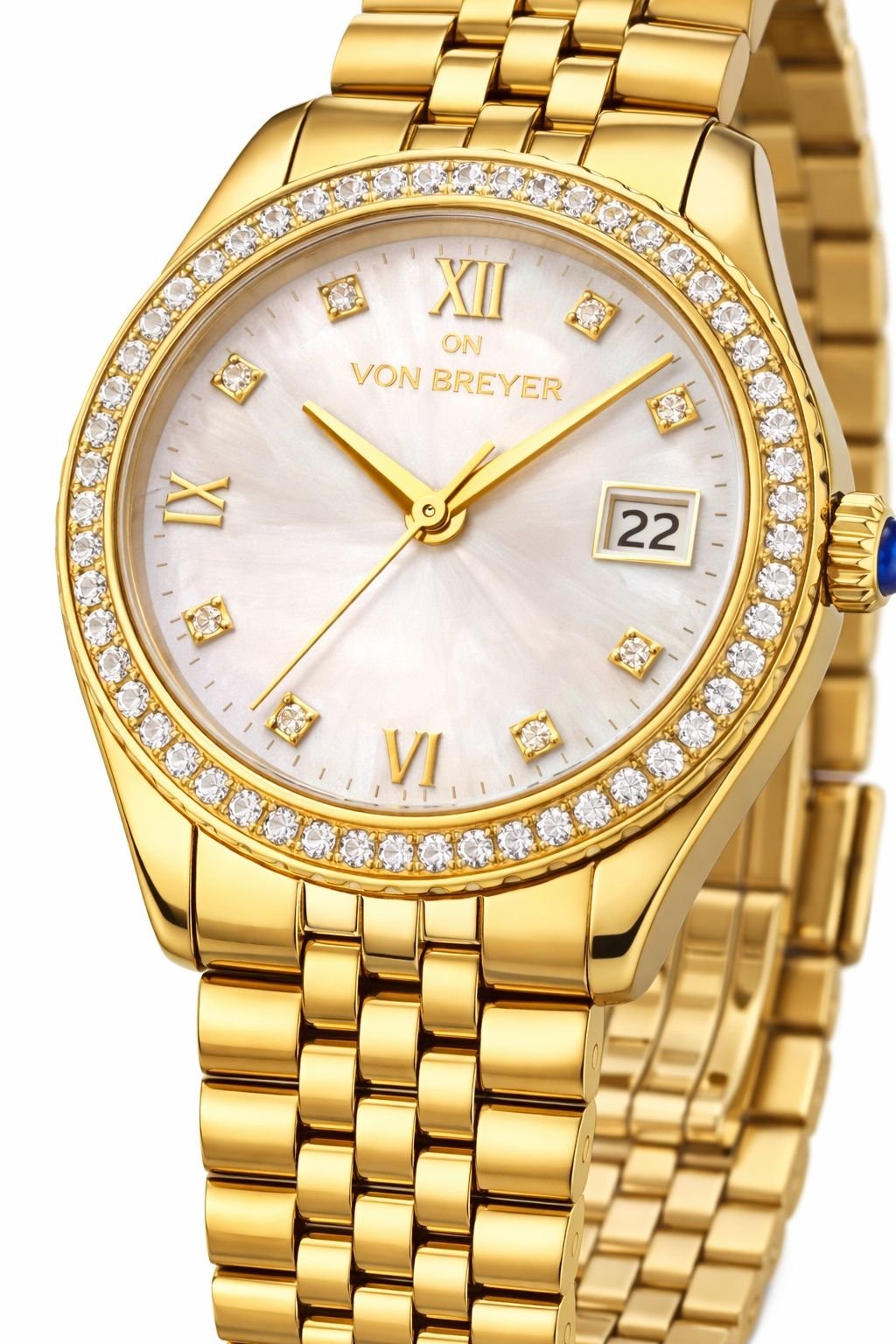 VON BREYER VON BREYER Women's Eterna Roma Luxury Quartz Watch with a White Dial, a Crystal Studded Bezel & a Gold Plated Bracelet - 4