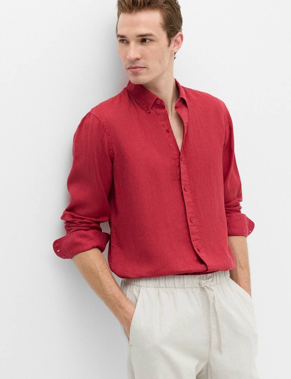 Marks & Spencer M&S Pure Linen Garment Dye Shirt Medium Red