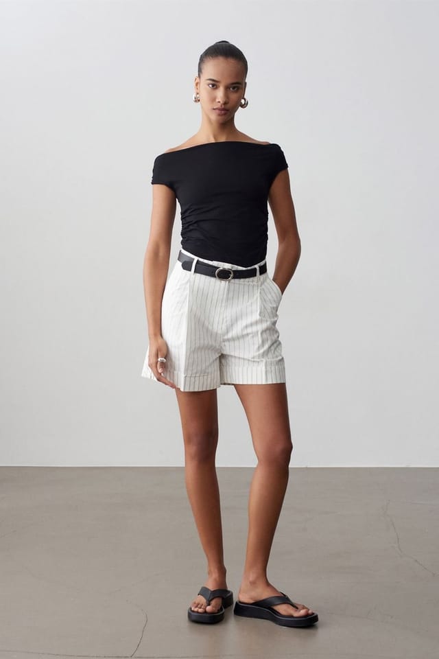 Dilvin Dilvin Women's High-waist Striped Belted Tailored Shorts in Off-White - 3