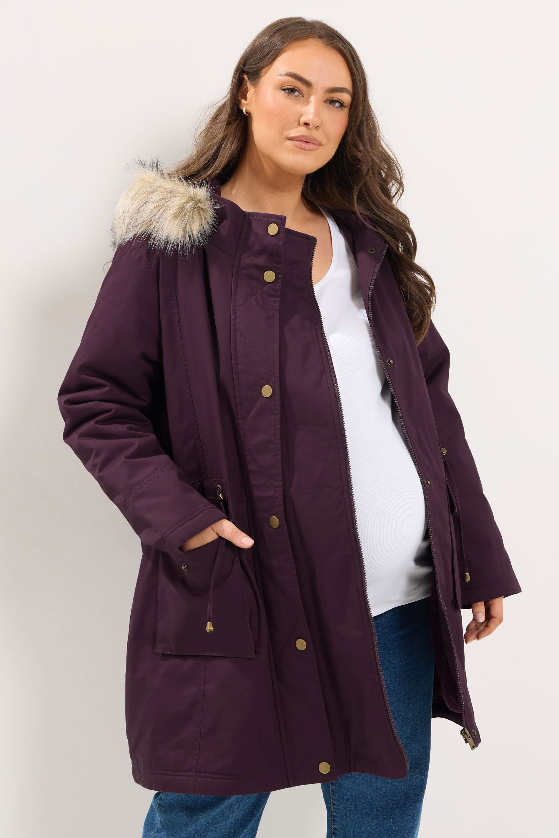 Bump It Up Maternity Plus Size Burgundy Red Faux Fur Trim Parka Coat