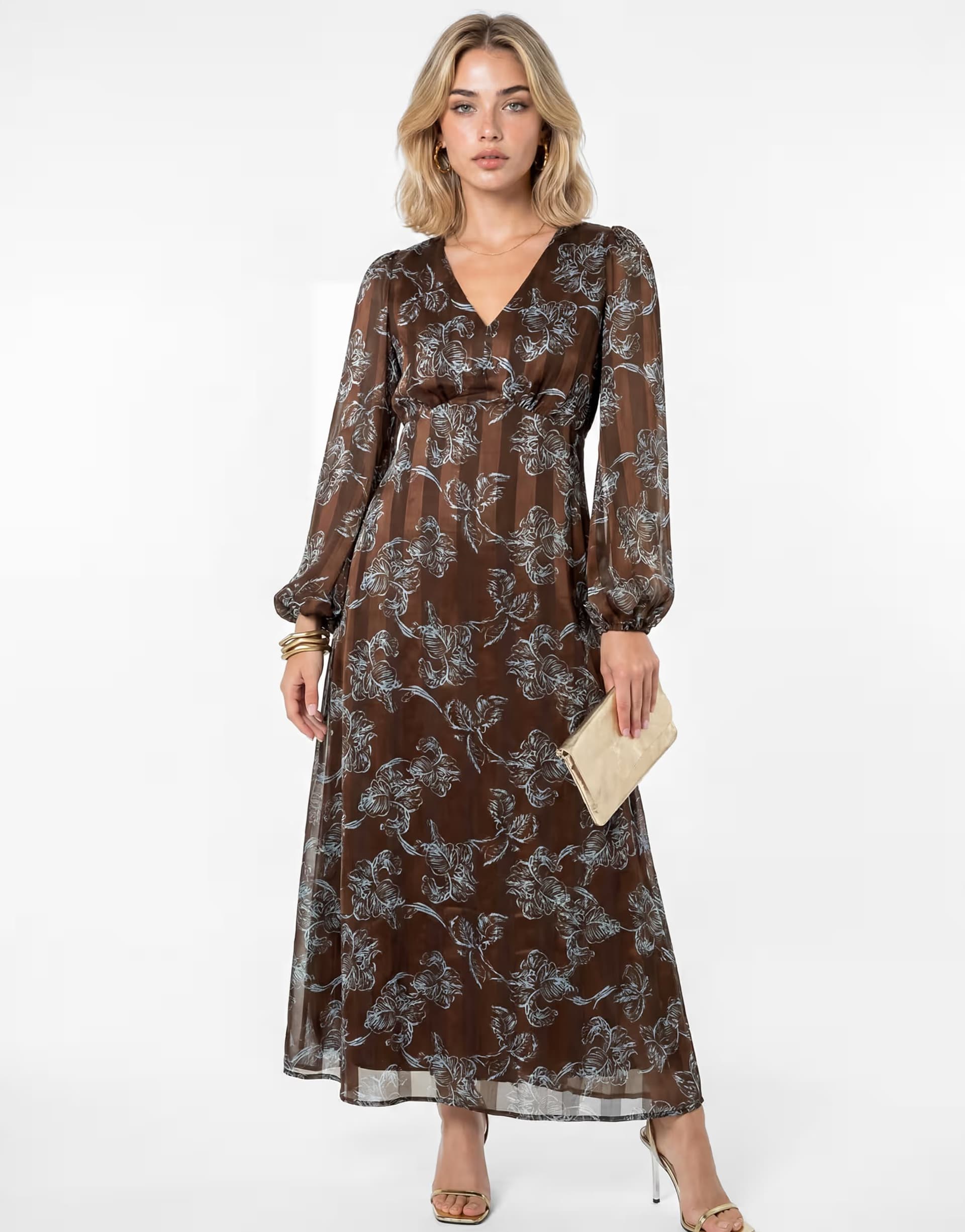 ASOS Lovedrobe Floral print burnout satin stripe midaxi dress in brown