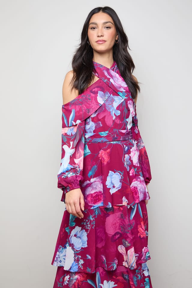 Oasis Oasis Women's Printed Halterneck Off-The Shoulder Tiered Maxi Dress in Floral - 2