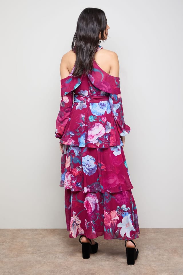 Oasis Oasis Women's Printed Halterneck Off-The Shoulder Tiered Maxi Dress in Floral - 3