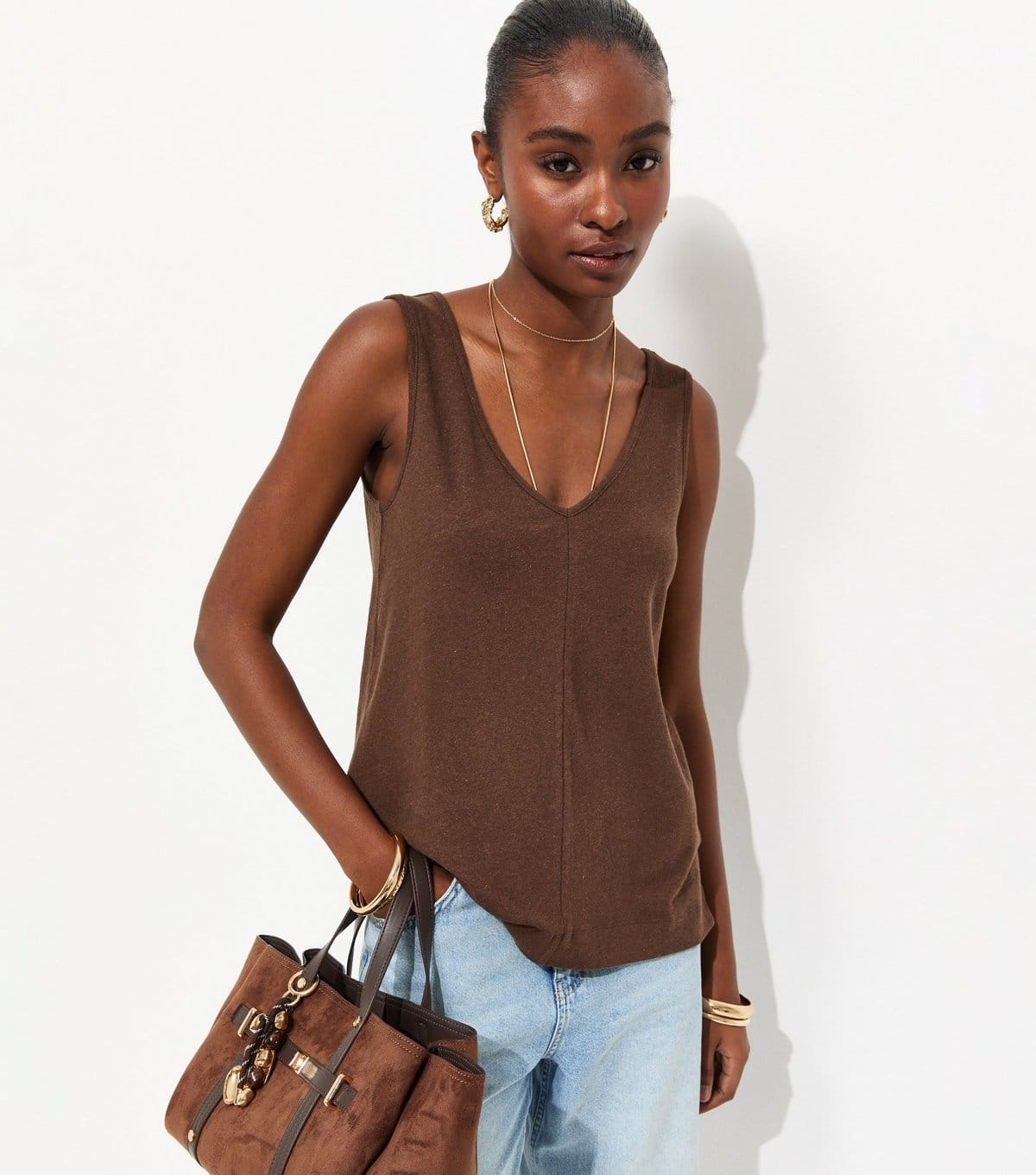 New Look Dark Brown Linen V-Neck Vest