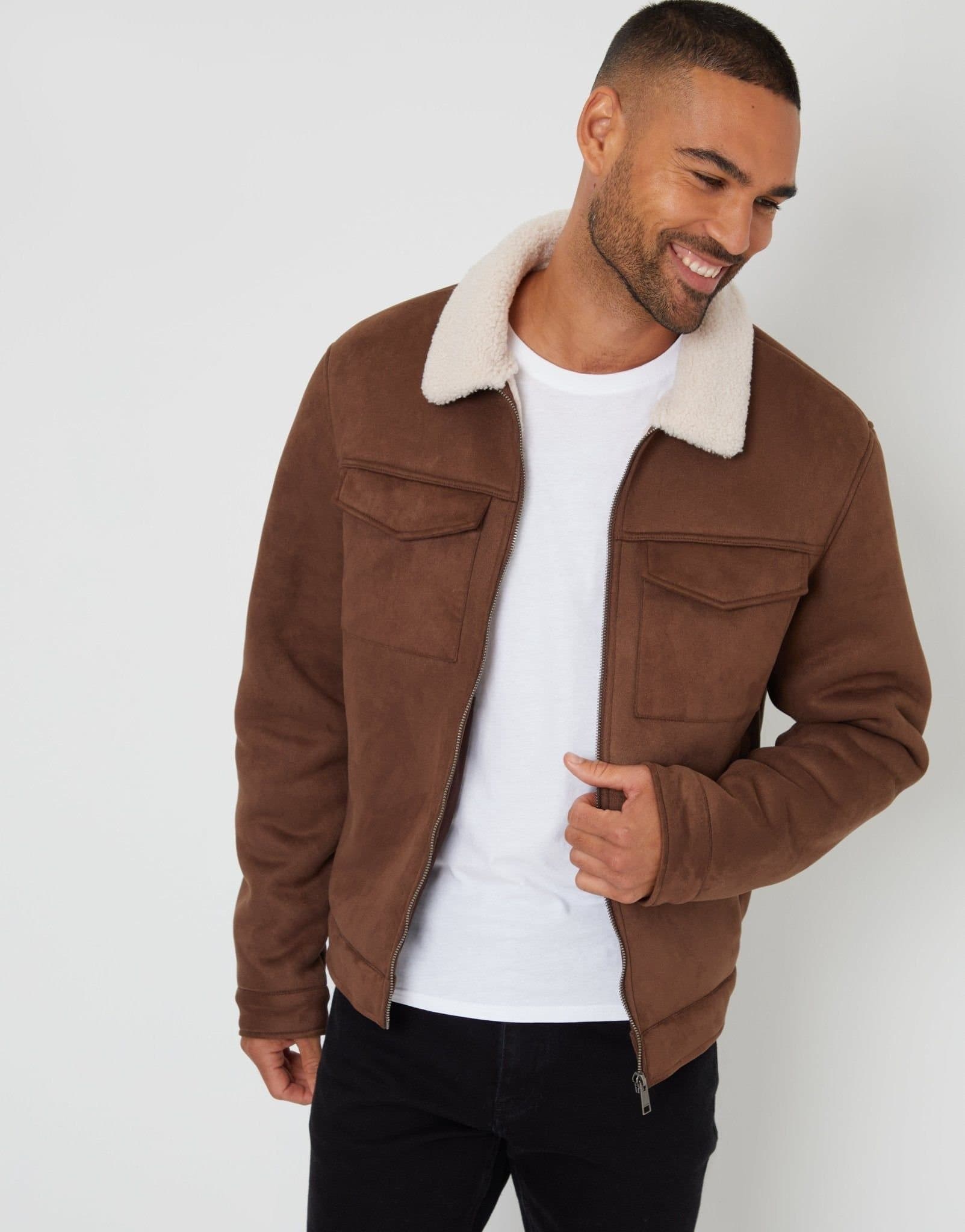 Threadbare threadbare Men's Faux Suede Borg Lined Aviator Jacket in Beige