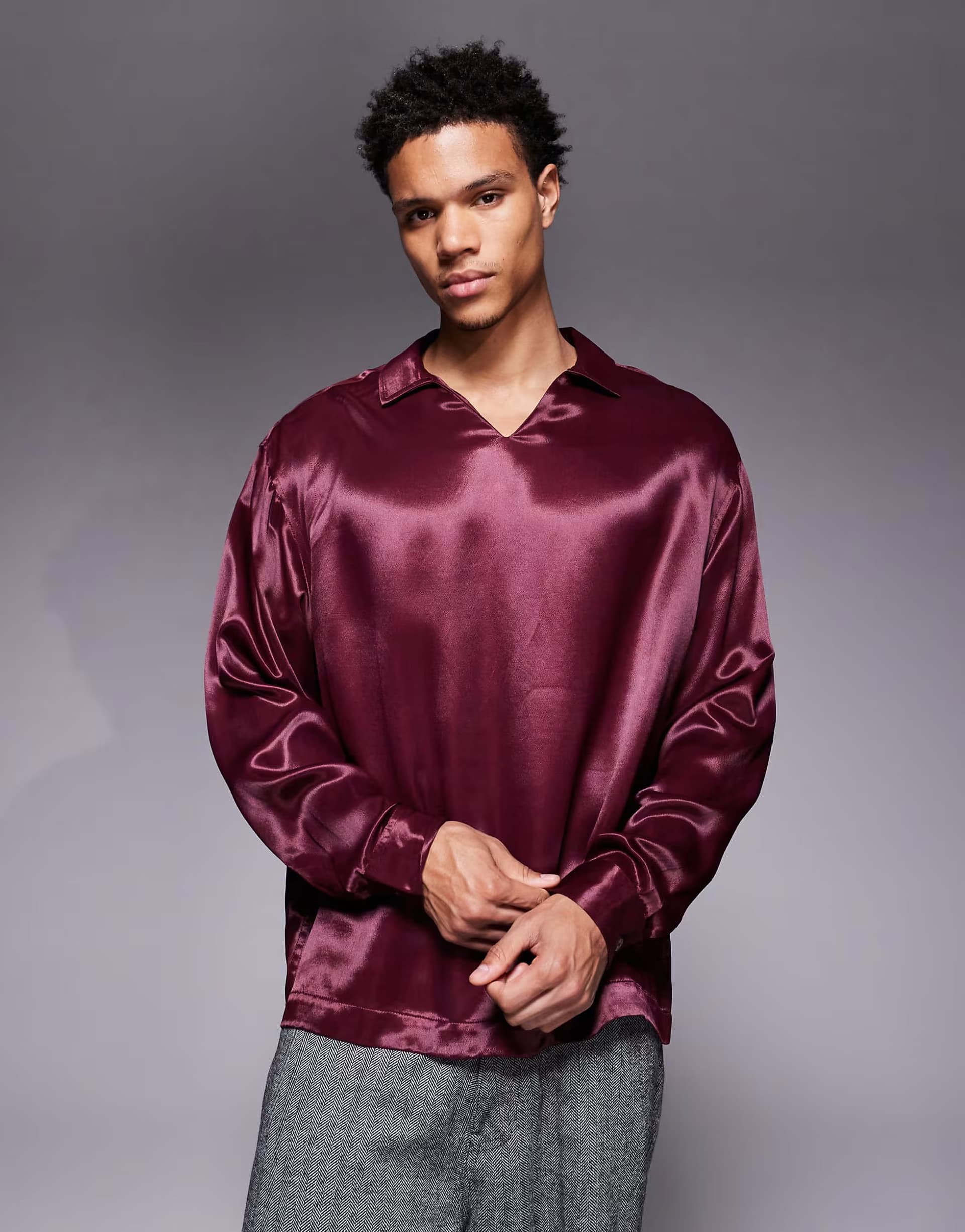ASOS ASOS DESIGN oversized satin overhead shirt in burgundy