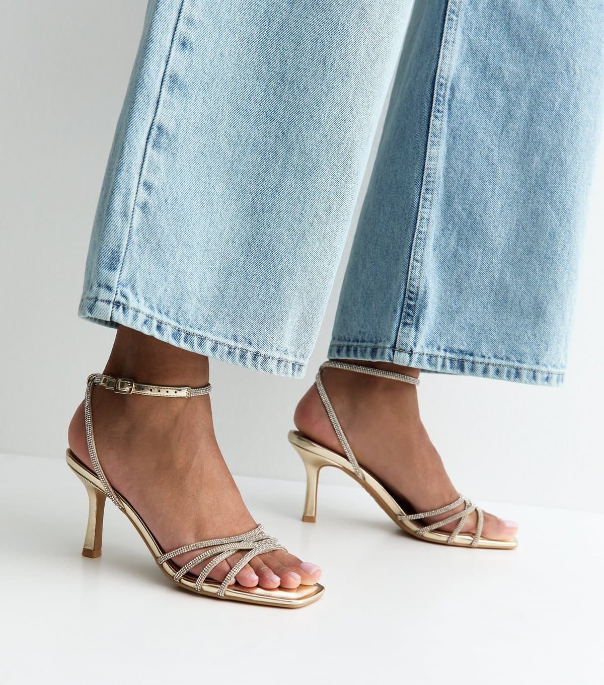 New Look Women's Gold Faux Leather Diamante Strap Stiletto Sandals Vegan New Look