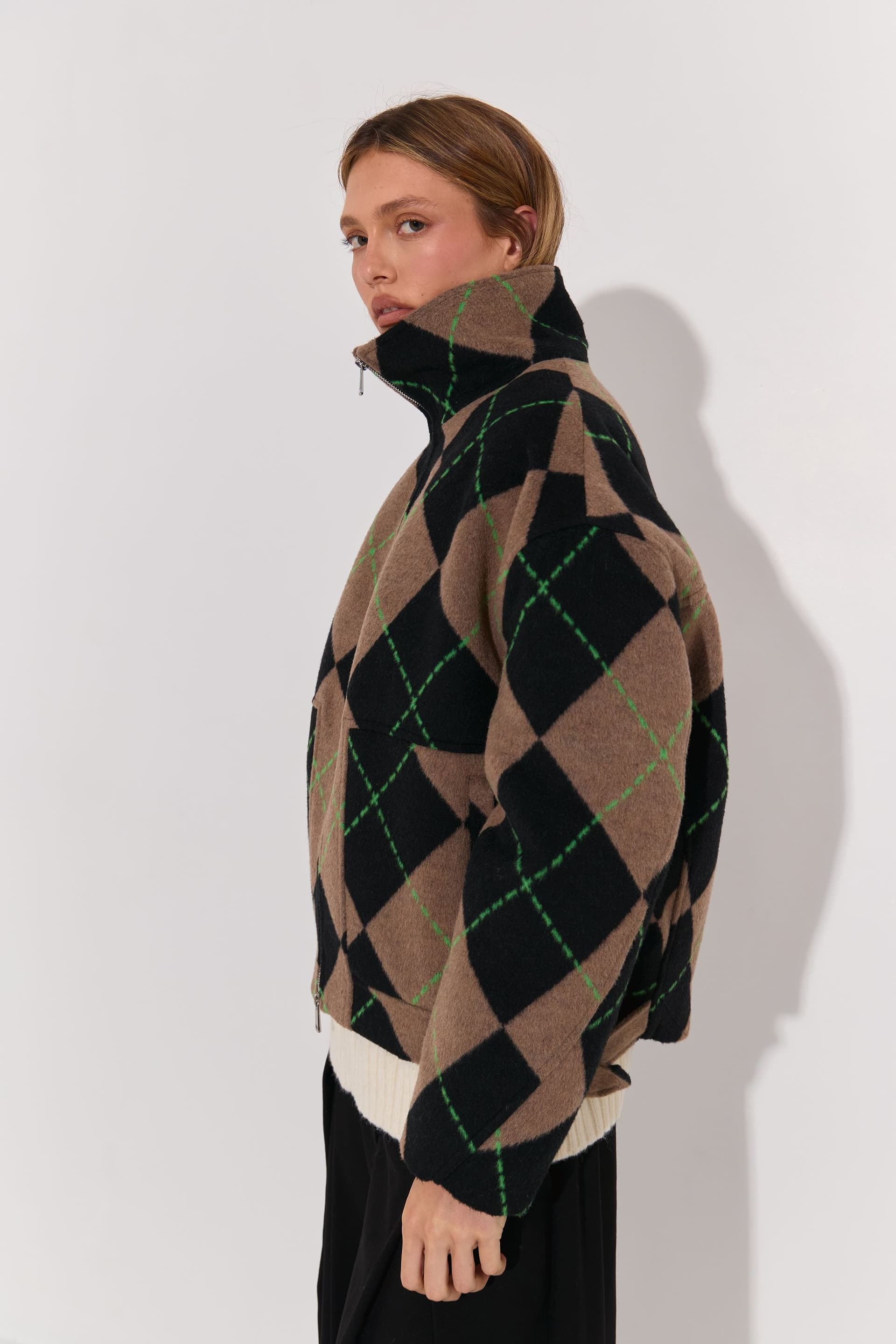 Warehouse Warehouse Women's Structured High Neck Wool Blend Argyle Bomber Jacket in Brown