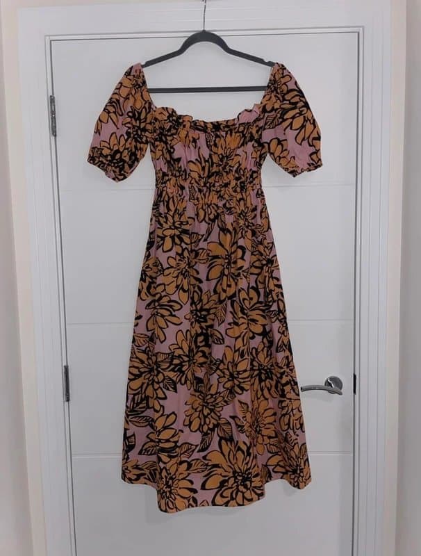 Never Fully Dressed Never Fully Dressed Pink Orange Floral Bardot Midi Dress Size M Summer Elasticated casual