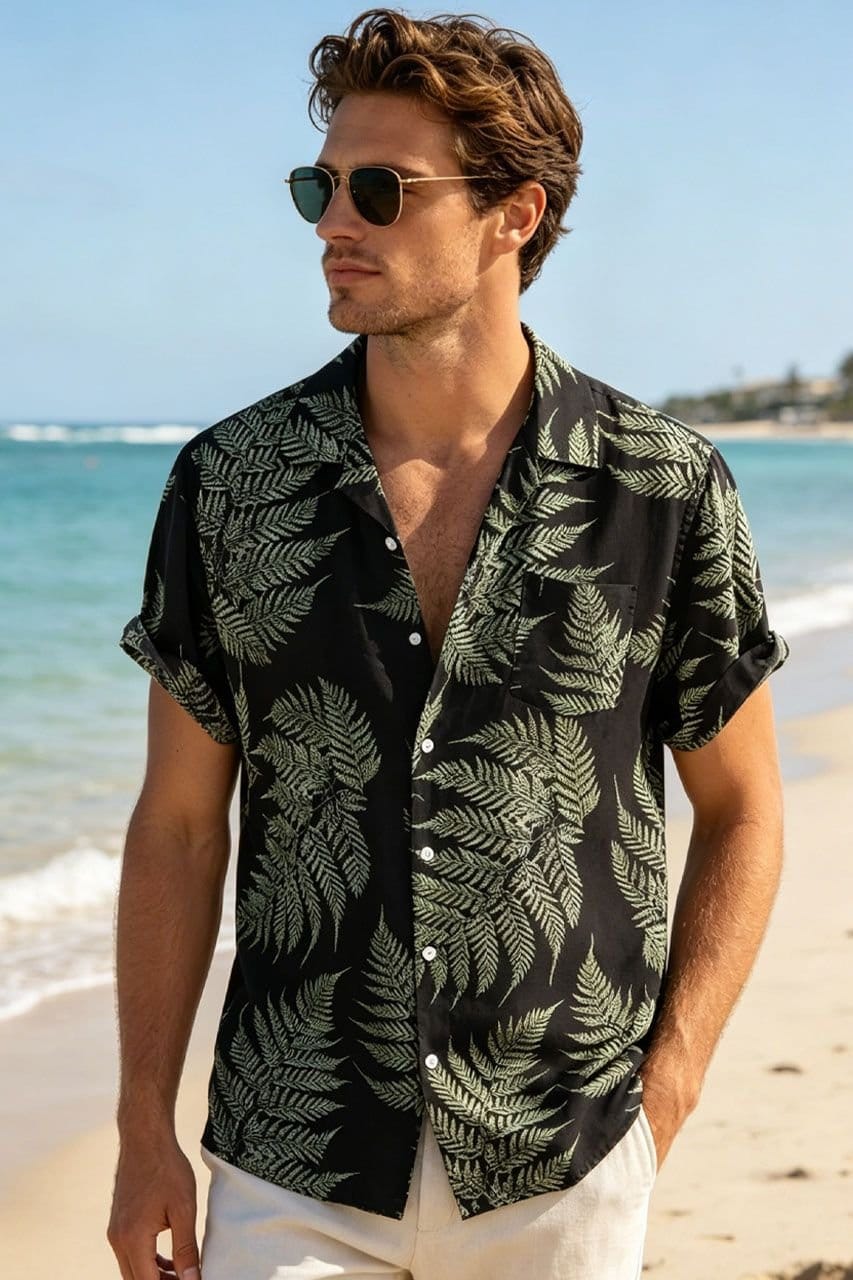 Lovii Men's Fern Print Short Sleeve Summer Beach Shirt Black