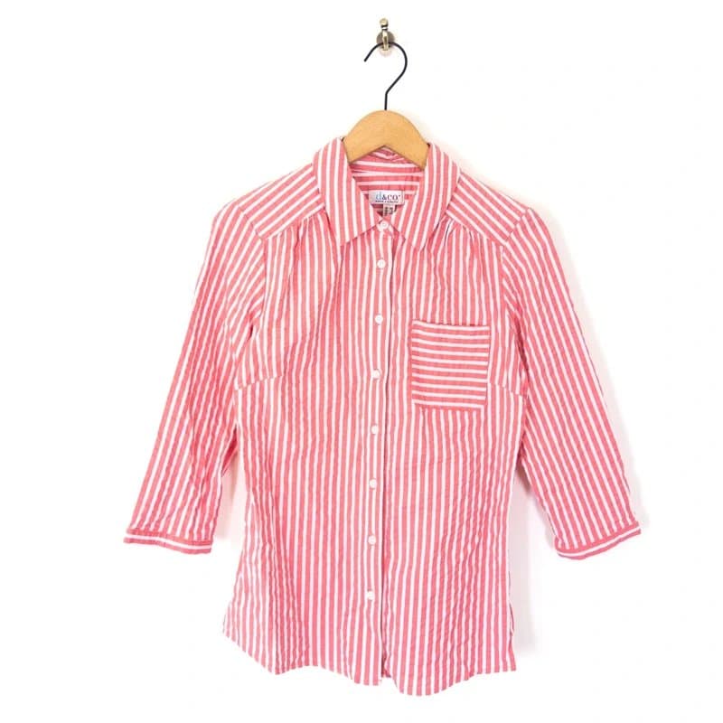 Denim Co Denim & Co. Textured Seersucker Shirt Size S NEW Coral Pink White Stripe