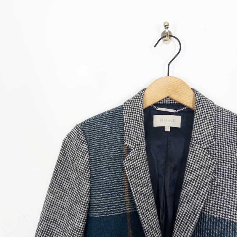 Hobbs Hobbs Tweed Patchwork Wool Blazer Size 8 Teal Blue Black Colourblock