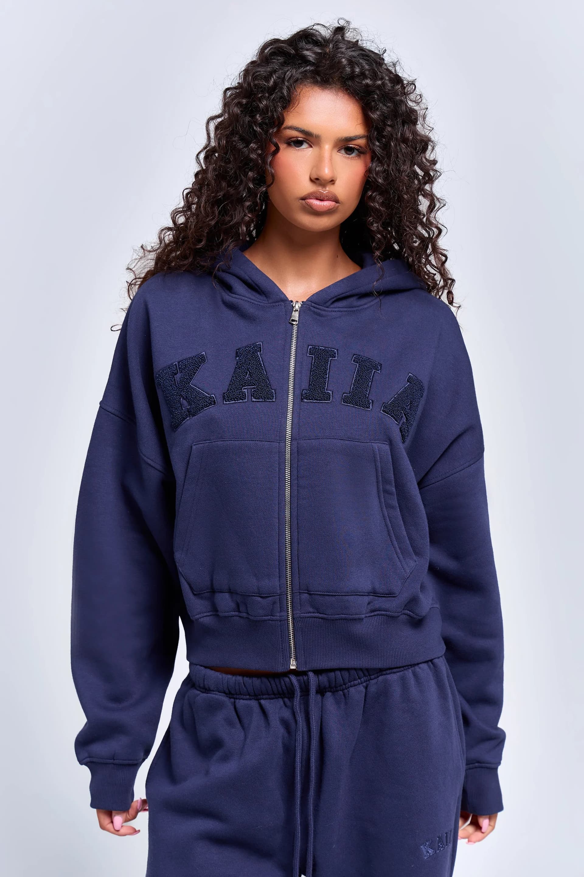 Kaiia Kaiia Slogan Oversized Zip Through Hoodie Deep Blue