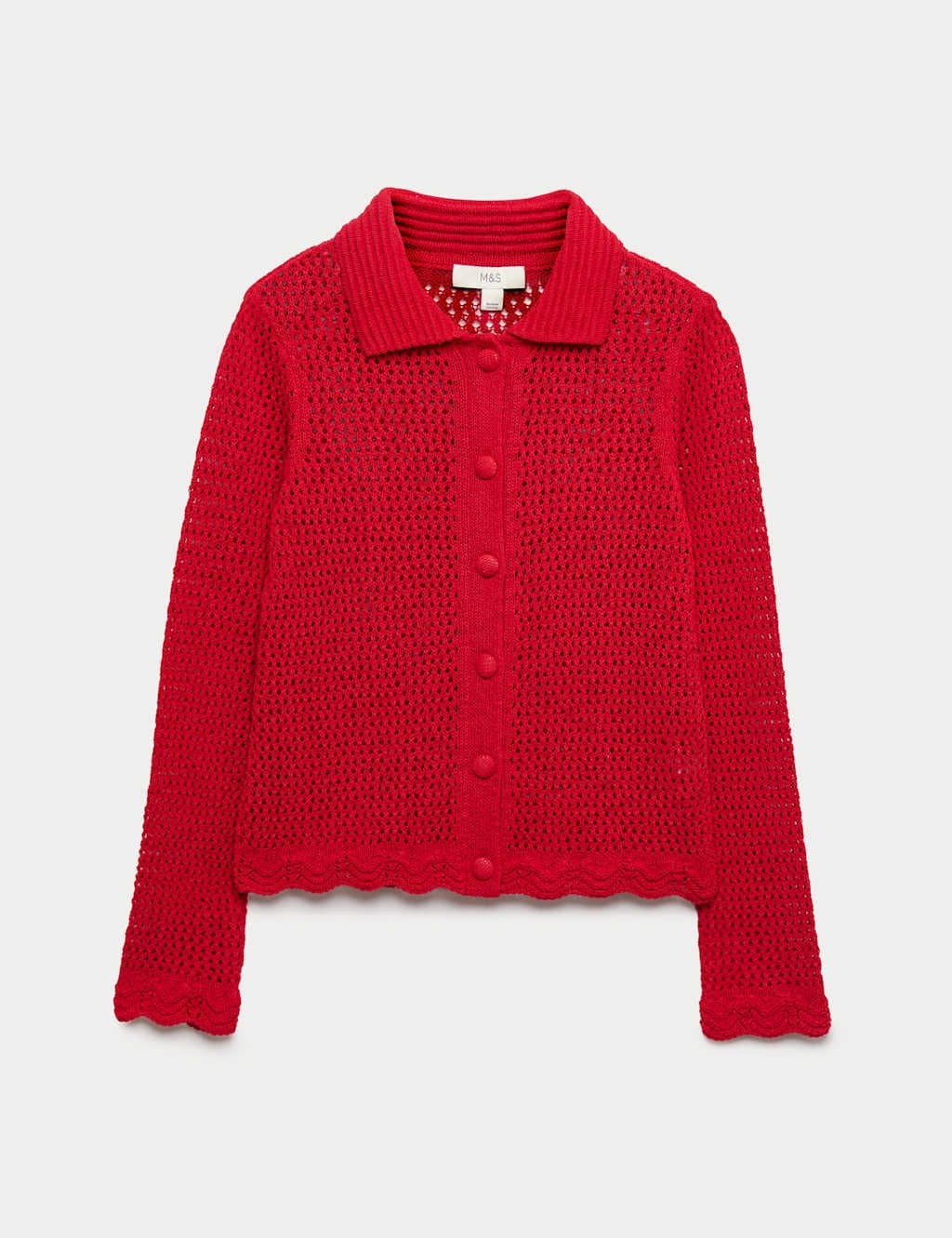 Marks & Spencer M&S Cotton Blend Crochet-Style Collared Cardigan Chilli