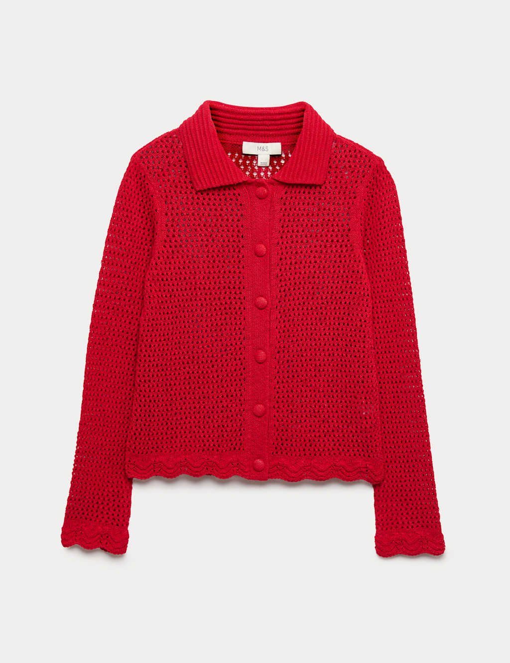 Marks & Spencer M&S Cotton Blend Crochet-Style Collared Cardigan Chilli - 2