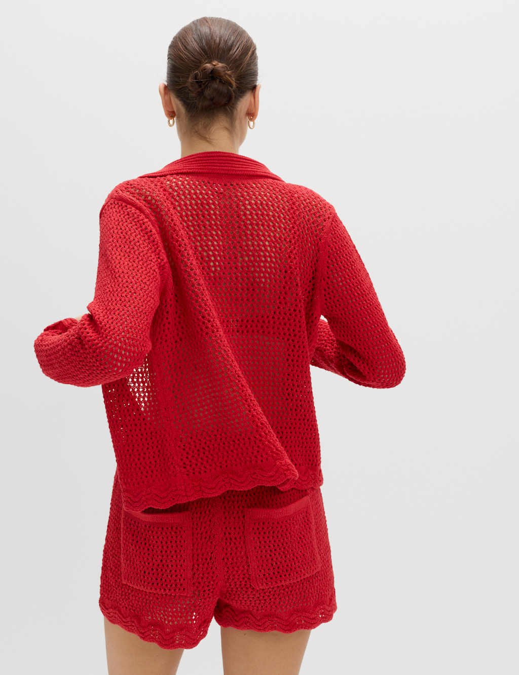 Marks & Spencer M&S Cotton Blend Crochet-Style Collared Cardigan Chilli - 3