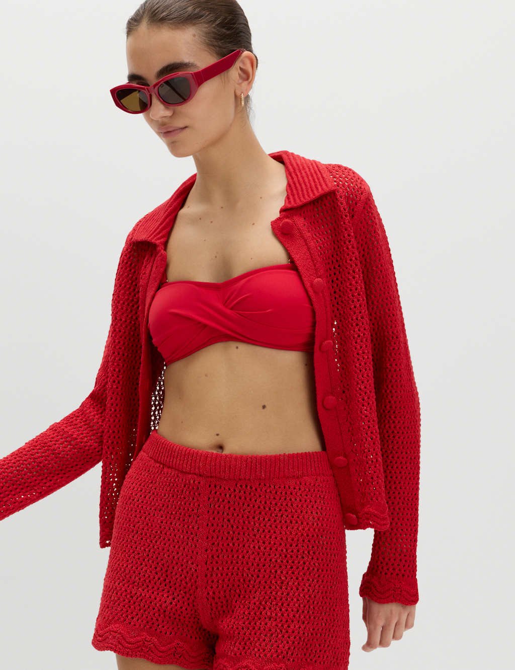 Marks & Spencer M&S Cotton Blend Crochet-Style Collared Cardigan Chilli - 4