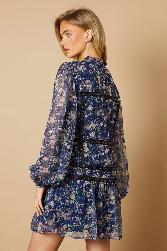 Oasis Oasis Women's Floral Chiffon Hand Embellished Trim Mini Dress in Blue - 3