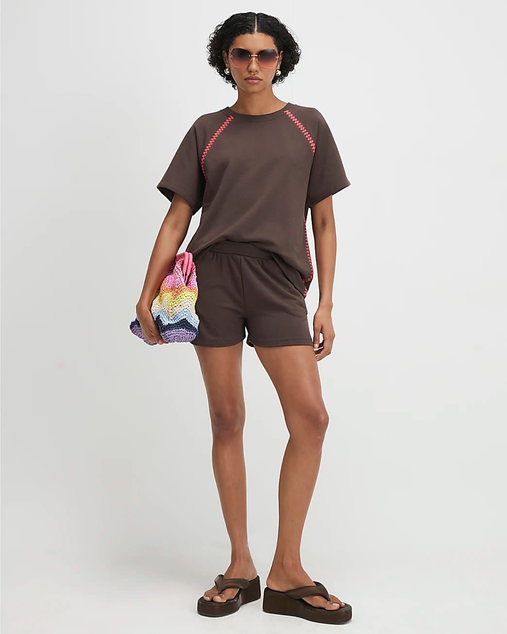 River Island River Island Womens Brown Cotton Blend Whipstitch Trim Shorts